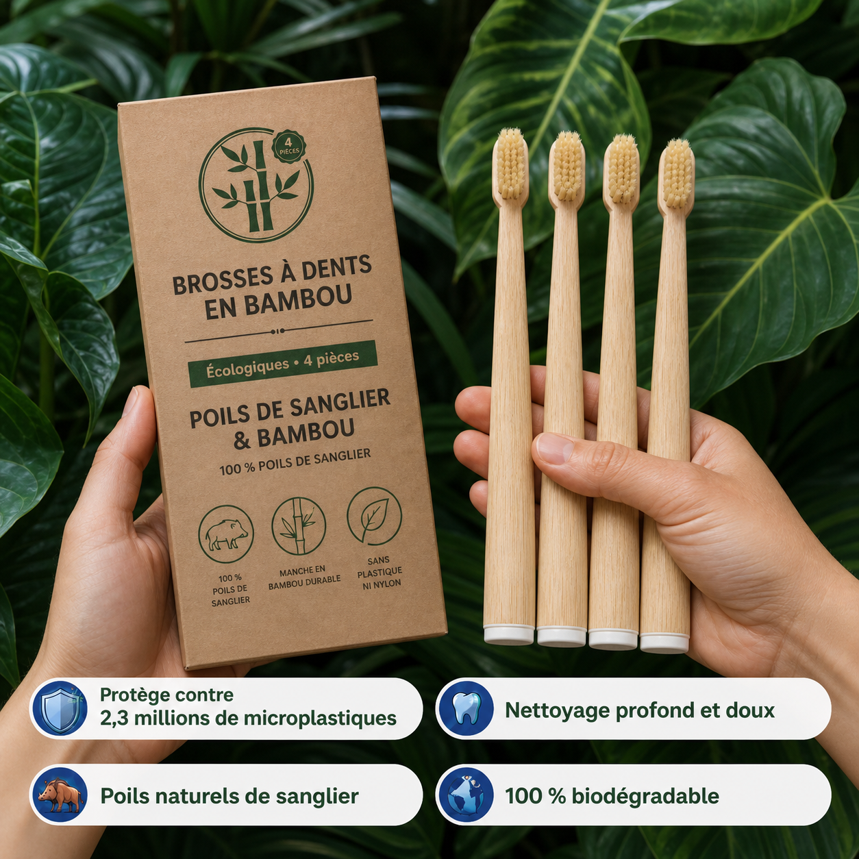 Brosse à dents BRIZE en poils de sanglier et bambou (paquet de 4)