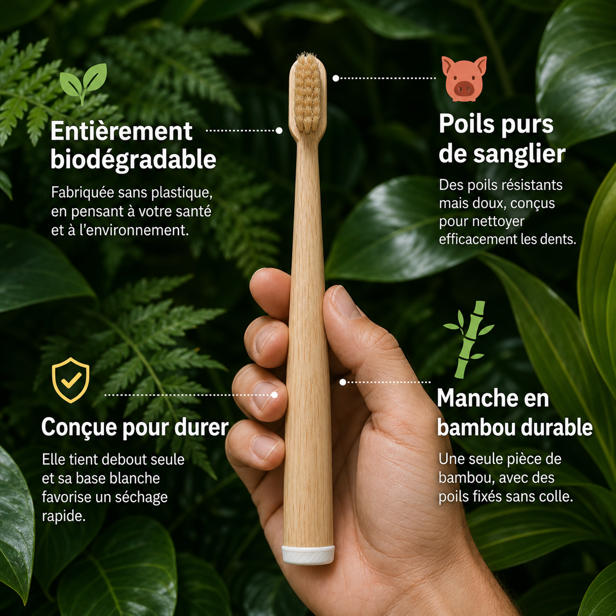 Brosse à dents BRIZE en poils de sanglier et bambou (paquet de 4)