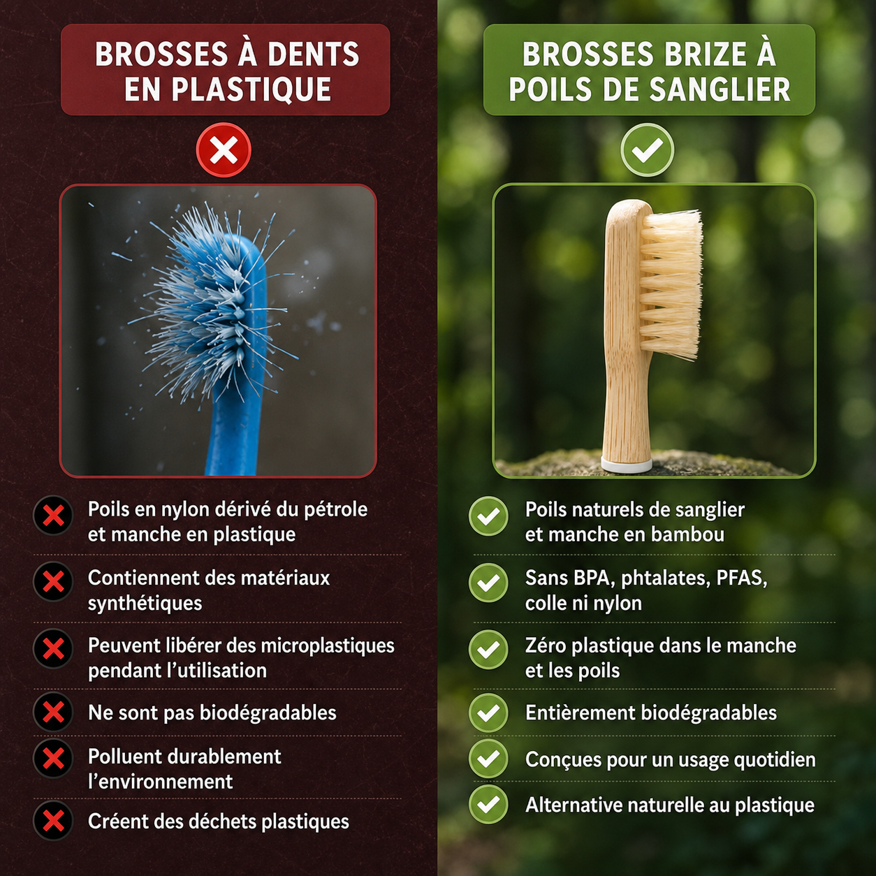 Brosse à dents BRIZE en poils de sanglier et bambou (paquet de 4)