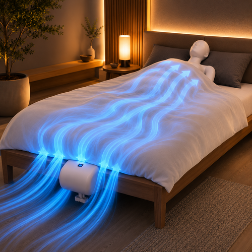 Arrête de te réveiller trempé. Dès la première nuit. Grâce à un flux d'air ciblé sous ta couette.