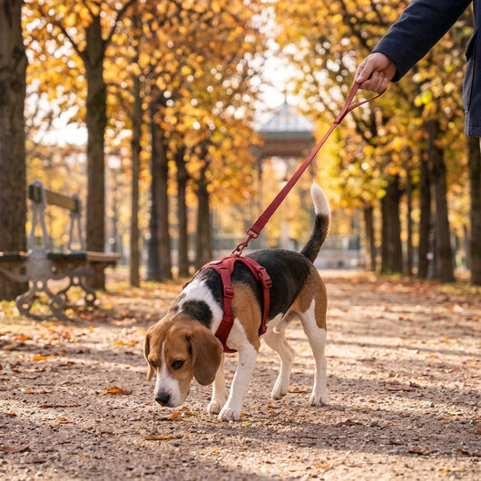 Beagle on a walk in his harness