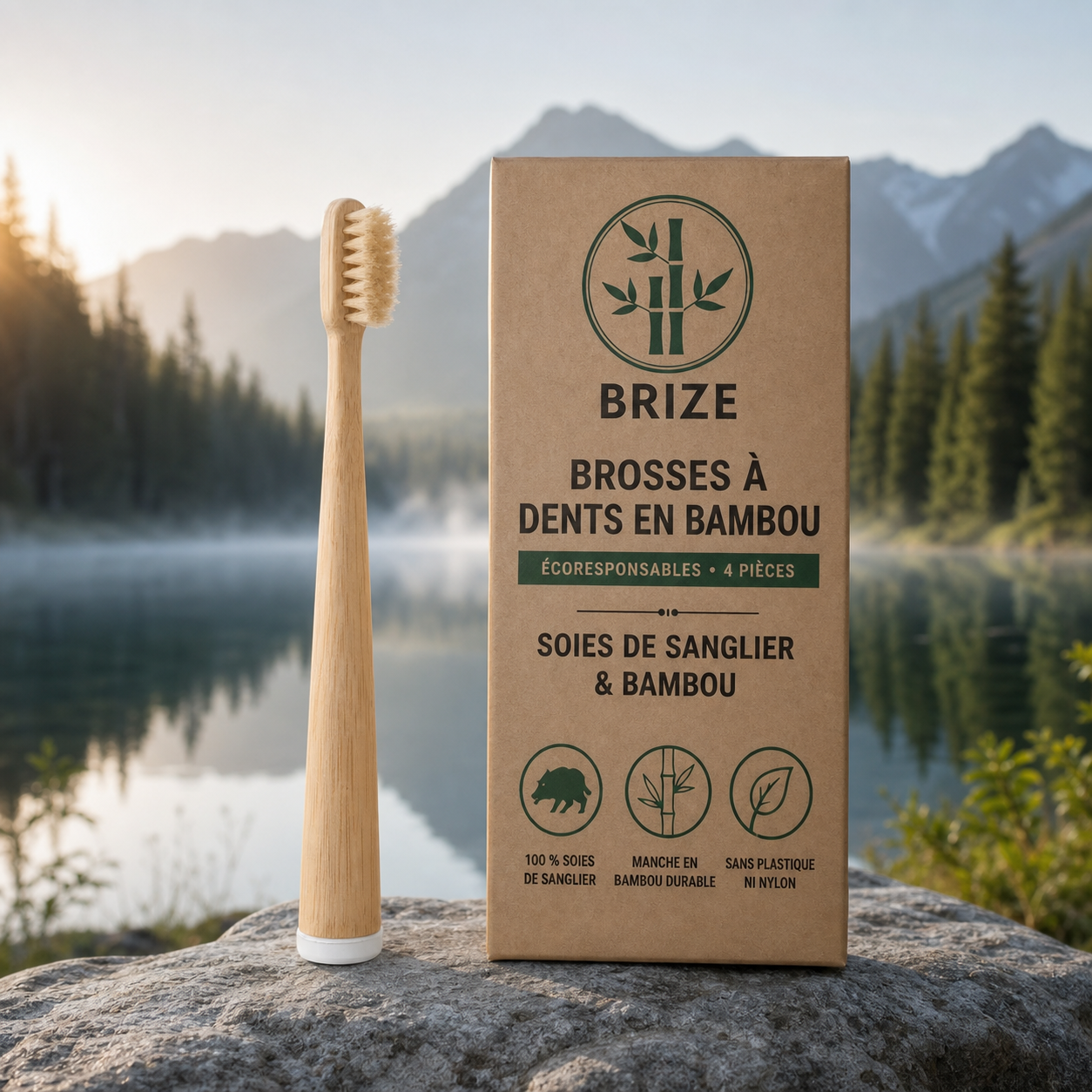 Brosse à dents BRIZE en poils de sanglier et bambou (paquet de 4)