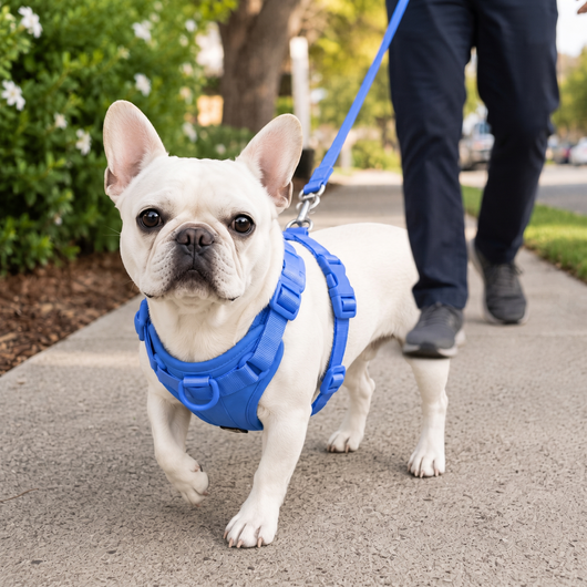 Bouledogue français harnais bleu royal en balade